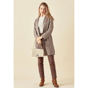 Papaya Plaid Open Front Tan Neutral Coat for Fall Size Medium